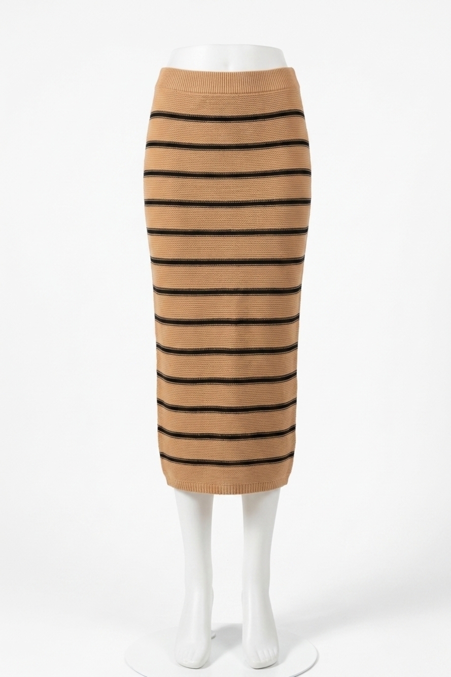 NEW ENGLISH FACTORY stripe knit midi skirt in tan